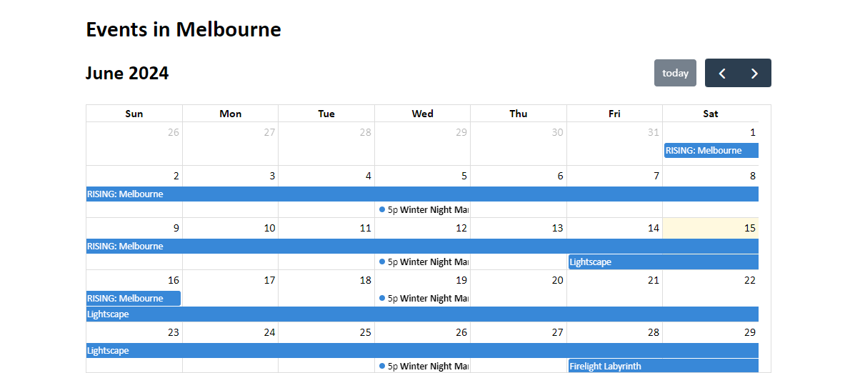 Screenshot of Melbourne Events calendar